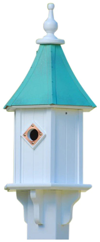 Aged Patina Copper Roof Birdhouse – 28x10 Large White Vinyl Post-Mounted Bird House 4 Aged Patina Copper Roof Birdhouse – 28x10 Large White Vinyl Post-Mounted Bird House - Image 2
