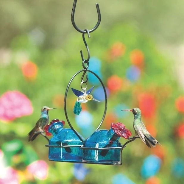 Bouquet Deluxe Recycled Glass Hummingbird Feeder โ Dual Station Metal Basket with Perches 3 Bouquet Deluxe Recycled Glass Hummingbird Feeder โ Dual Station Metal Basket with Perches