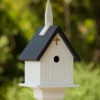 White Church Steeple Birdhouse – Decorative PVC Chapel with Black Roof & Copper Crosses -The Birdhouse Chick CHURCH BLACK
