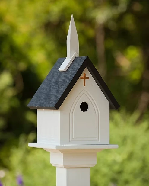 White Church Steeple Birdhouse โ Decorative PVC Chapel with Black Roof & Copper Crosses 3 White Church Steeple Birdhouse โ Decorative PVC Chapel with Black Roof & Copper Crosses