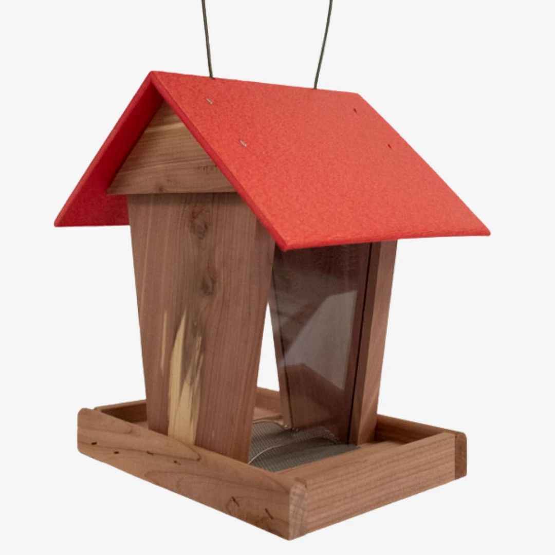 Handmade Amish Red Cedar Hopper Bird Feeder โ Vibrant Red Roof Eco-Friendly Hanging Feeder 3 Handmade Amish Red Cedar Hopper Bird Feeder โ Vibrant Red Roof Eco-Friendly Hanging Feeder