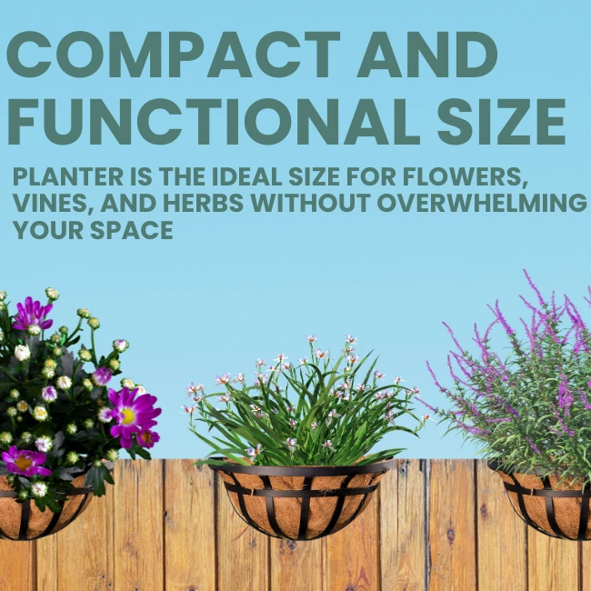 Ironwork Deck Railing Garden Planter – Black Metal Wall Mount Flower Box with Coco Liners (Set of 2) - Image 3