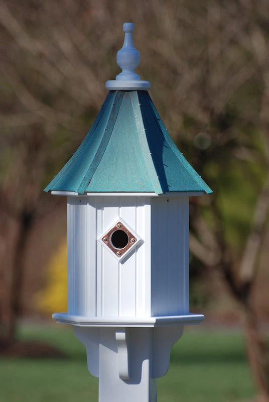 Aged Patina Copper Roof Birdhouse – 28x10 Large White Vinyl Post-Mounted Bird House 3 Aged Patina Copper Roof Birdhouse – 28x10 Large White Vinyl Post-Mounted Bird House