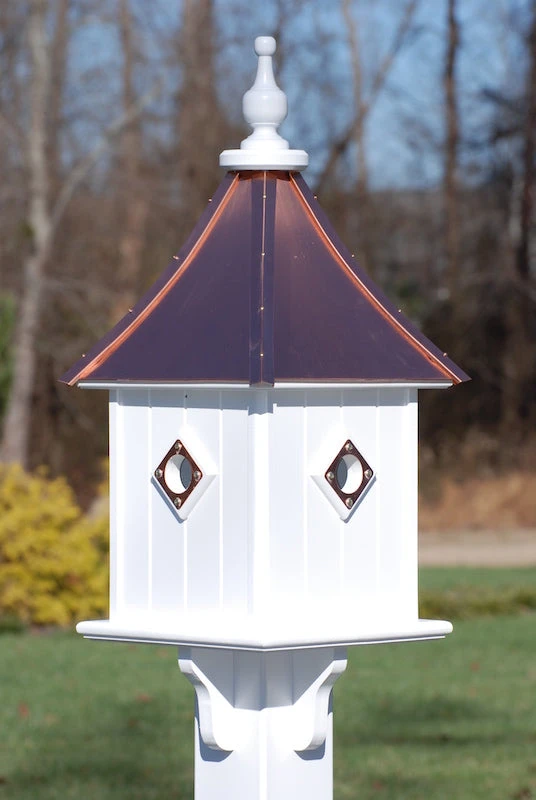 White Vinyl Dovecote Copper Roof Birdhouse - 28x10 Inch 4-Portal Post Mount 3 White Vinyl Dovecote Copper Roof Birdhouse - 28x10 Inch 4-Portal Post Mount