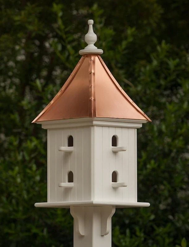 Large Architectural 8-Compartment Copper Roof Birdhouse - White Vinyl 28-Inch Post Mount