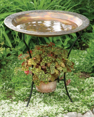 Flamed Copper Finish Steel Bird Bath with Integrated Planter Base โ 22" Decorative Pedestal 3 Flamed Copper Finish Steel Bird Bath with Integrated Planter Base โ 22" Decorative Pedestal
