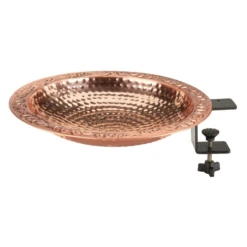 Copper Glow Hammered Pure Copper Solar Birdbath – Adjustable Deck Mount with Fountain Pump Kit -The Birdhouse Chick Copper Birdbath Installed on Deck Railing