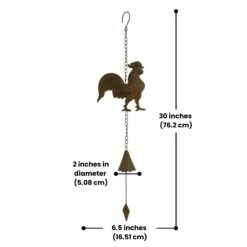 Vintage Rooster Chime – Rust Brown Tin & Iron Hanging Garden Bell -The Birdhouse Chick Decorative rooster wind chime with aged finish 1