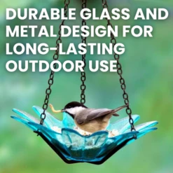 Flower Power Teal Glass Birdfeeder 12 Flower Power Teal Glass Birdfeeder -The Birdhouse Chick Durable Glass and Metal Flower Power Teal Glass Birdfeeder