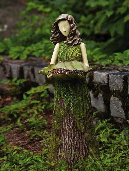 Woodland Goddess Sherwood Fairy Bird Feeder - 30 Inch Tall Mossy Bark Texture Tray Feeder