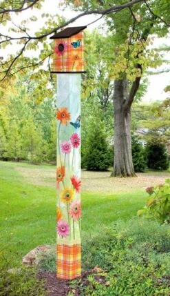 Birdhouse Art Poles 6 Ft. Post -The Birdhouse Chick Gerbera Daisy Birdhouse Pole