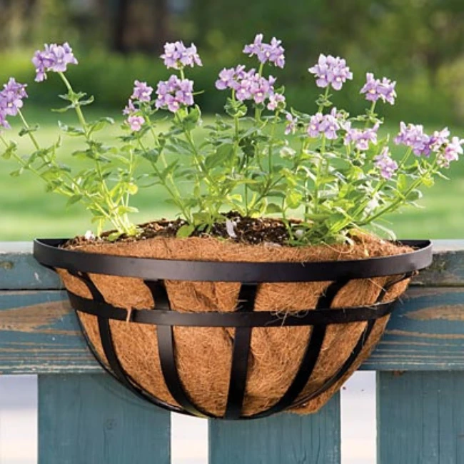 Ironwork Deck Railing Garden Planter – Black Metal Wall Mount Flower Box with Coco Liners (Set of 2)