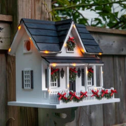 Lighted Holiday Birdhouse with LED Timer - Festive Winter Wreath & Wood Cottage Design -The Birdhouse Chick Lighted Holiday Birdhouse with bracket 2
