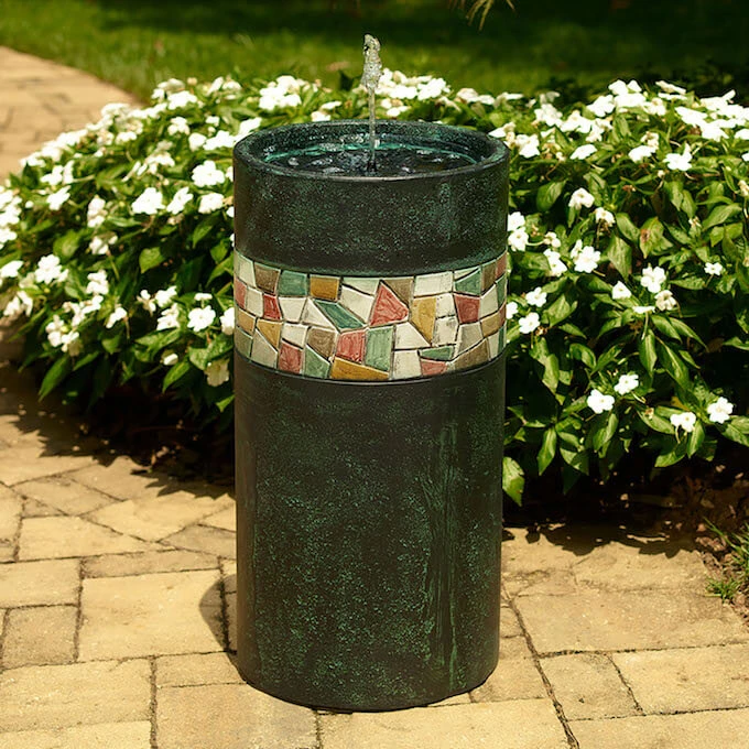 Mosaic Solar-on-Demand Bubbler Bird Bath โ Verdi Gris with Tile Band Column Pedestal 3 Mosaic Solar-on-Demand Bubbler Bird Bath โ Verdi Gris with Tile Band Column Pedestal