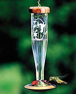 Crystal Etched Iridescent Hummingbird Feeder – Clear or Cobalt Blue with Redwood Base 3-Port Basin 4 Crystal Etched Iridescent Hummingbird Feeder – Clear or Cobalt Blue with Redwood Base 3-Port Basin - Image 2