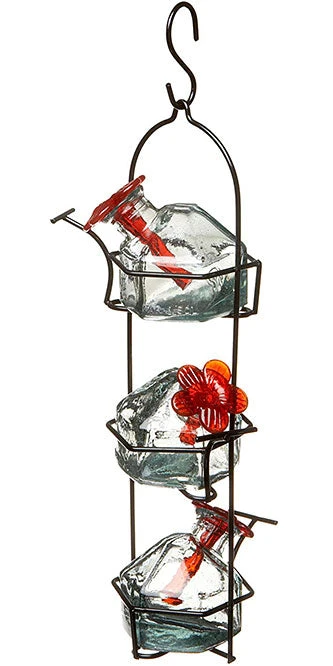 Triple Set Stacked Glass Hummingbird Feeder - 3-Tier Hexagonal Design with Black Metal Frame 3 Triple Set Stacked Glass Hummingbird Feeder - 3-Tier Hexagonal Design with Black Metal Frame