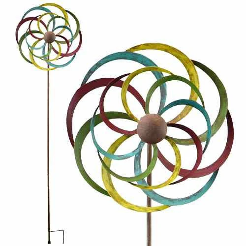 Copper Earth Tone Kinetic Flower Spinner - 58 Inch Metal Garden Stake Whirligig 3 Copper Earth Tone Kinetic Flower Spinner - 58 Inch Metal Garden Stake Whirligig