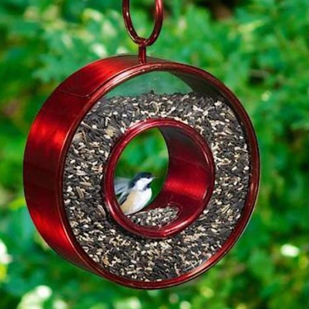 Ruby Red Circle Fly-Thru Bird Feeder – Modern Aluminum & Glass Contemporary Garden Art 3 Ruby Red Circle Fly-Thru Bird Feeder – Modern Aluminum & Glass Contemporary Garden Art