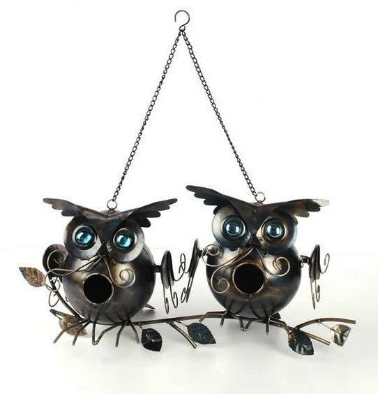 Two Owls On Branch Whimsical Metal Birdhouse – Double Nesting Blue-Eyed Songbird Sanctuary 3 Two Owls On Branch Whimsical Metal Birdhouse – Double Nesting Blue-Eyed Songbird Sanctuary