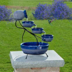 Hummingbird Haven 4-Tier Ceramic Solar Cascading Water Fountain - Rustic Garden Decor 16 Hummingbird Haven 4-Tier Ceramic Solar Cascading Water Fountain - Rustic Garden Decor -The Birdhouse Chick Solar Fountain blue with humming bird