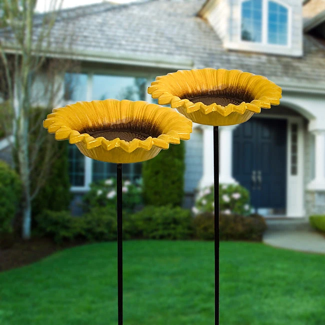 Sunflower Staked Bird Feeder Set โ Pair of Yellow Ceramic Floral Garden Tray Feeders 3 Sunflower Staked Bird Feeder Set โ Pair of Yellow Ceramic Floral Garden Tray Feeders