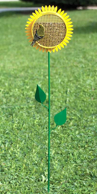 Sunflower Staked Bird Feeder β Yellow Petal Mesh Seed Reservoir with Green Leaf Steel Stake 3 Sunflower Staked Bird Feeder β Yellow Petal Mesh Seed Reservoir with Green Leaf Steel Stake