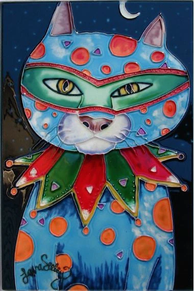 Mardi Gras Cat Vibrant Purple and Green – Laura Seeley Whimsical 8x12 Ceramic Art Tile Wall Decor 3 Mardi Gras Cat Vibrant Purple and Green – Laura Seeley Whimsical 8x12 Ceramic Art Tile Wall Decor