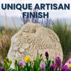 Yard Pathway Welcome Stone – Desert Sand Concrete with Butterfly & Ladybug Garden Accent -The Birdhouse Chick Unique Artisan Finish on Yard Pathway Welcome Stone