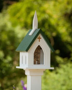 White Church Bird Feeder with Copper Cross – Durable Vinyl PVC Post-Mount Feeder -The Birdhouse Chick VINYL PVC CHURCH Bird Feeder GREEN