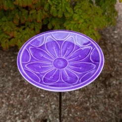 Violet Purple Hand-Embossed Flower Steel Staked Birdbath – 12” UV-Resistant Garden Decor 15 Violet Purple Hand-Embossed Flower Steel Staked Birdbath – 12” UV-Resistant Garden Decor -The Birdhouse Chick Vibrant Purple Staked Birdbath with UV Protective Epoxy Finish