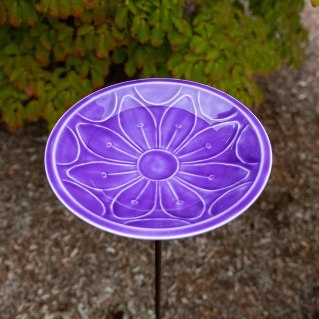 Violet Purple Hand-Embossed Flower Steel Staked Birdbath – 12” UV-Resistant Garden Decor 9 Violet Purple Hand-Embossed Flower Steel Staked Birdbath – 12” UV-Resistant Garden Decor - Image 7
