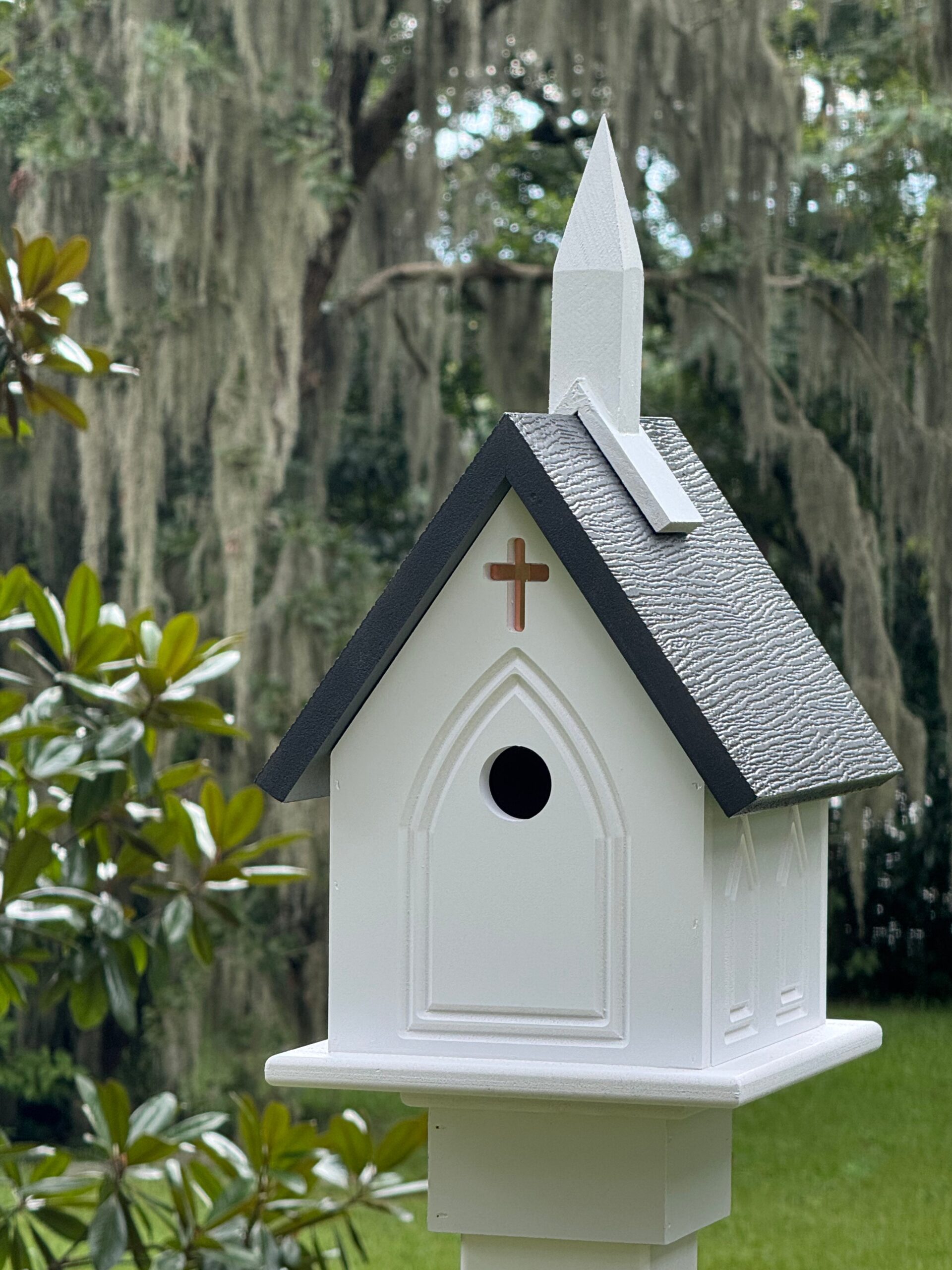 White Church Steeple Birdhouse โ Decorative PVC Chapel with Black Roof & Copper Crosses 4 White Church Steeple Birdhouse โ Decorative PVC Chapel with Black Roof & Copper Crosses - Image 2