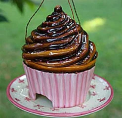 Chocolate Ceramic Cupcake Bird Feeder – Hand-Painted Decorative Copper Hanger Garden Feeder -The Birdhouse Chick choc.feeder smll