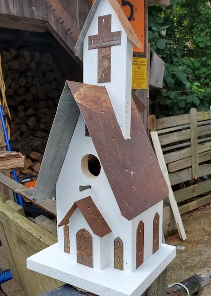 Church Birdhouse in Barn Wood with Rusty Brown Vintage Tin - Handmade Triple Roof Garden Sanctuary 3 Church Birdhouse in Barn Wood with Rusty Brown Vintage Tin - Handmade Triple Roof Garden Sanctuary