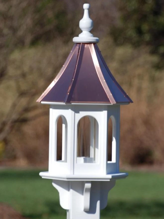 Large 28-Inch Copper Roof Gazebo Bird Feeder - White Vinyl PVC Post Mount with Decorative Brackets 3 Large 28-Inch Copper Roof Gazebo Bird Feeder - White Vinyl PVC Post Mount with Decorative Brackets