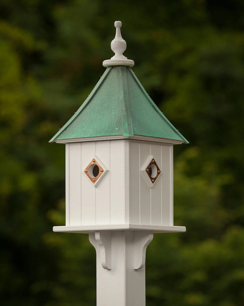 White Vinyl Dovecote Copper Roof Birdhouse - 28x10 Inch 4-Portal Post Mount 4 White Vinyl Dovecote Copper Roof Birdhouse - 28x10 Inch 4-Portal Post Mount - Image 2
