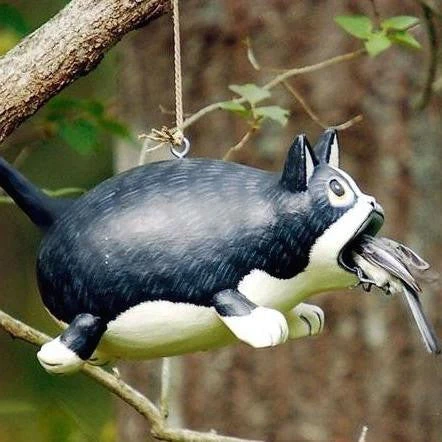 Black & White Fat Cat Hand-Carved Wood Birdhouse - Unique Whimsical Garden Decor 3 Black & White Fat Cat Hand-Carved Wood Birdhouse - Unique Whimsical Garden Decor