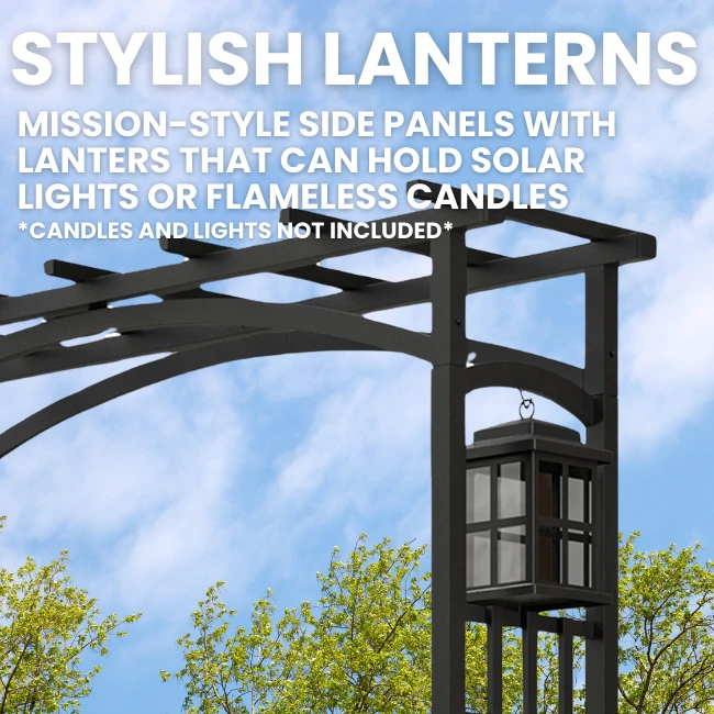 Black Steel Lantern Garden Entry Arbor β Mission-Style Outdoor Archway with Dual Hanging Lanterns 5 Black Steel Lantern Garden Entry Arbor β Mission-Style Outdoor Archway with Dual Hanging Lanterns - Image 3