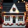 Lighted Holiday Birdhouse with LED Timer - Festive Winter Wreath & Wood Cottage Design -The Birdhouse Chick lighted holiday birdhouse