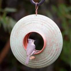 Jade Fly-Thru Feeder -The Birdhouse Chick tufted titmouse feeding inside fly thru feeder